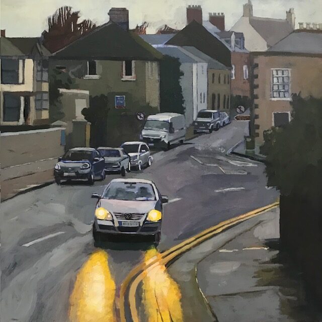 One day, small town, Oil on canvas, 30 x 30 cm, Lapis Lazuli mountain,